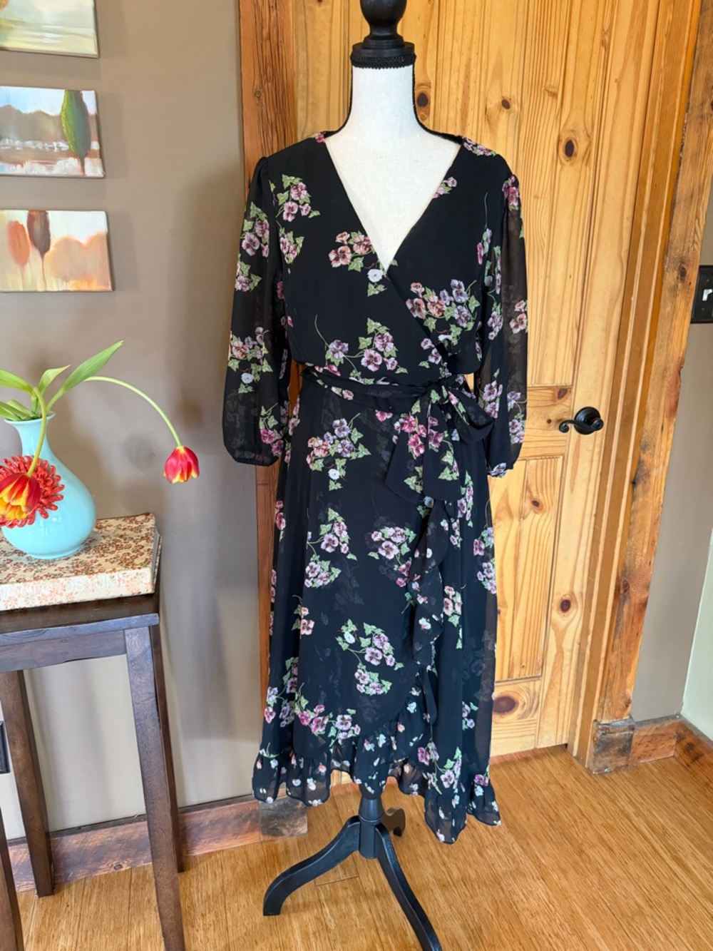 Taylor Floral Ruffled Hi-lo Midi Wrap Dress w/Pink, Lavender & Green print